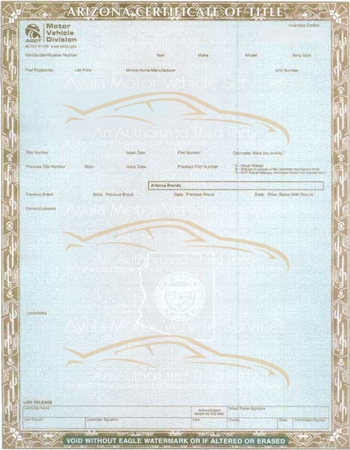 Arizona Certificate of Title Arizona Certificate of Title
